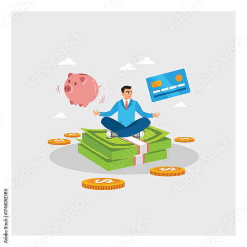Ambitious businessman meditates on a stack of banknotes with credit cards and a piggy bank.