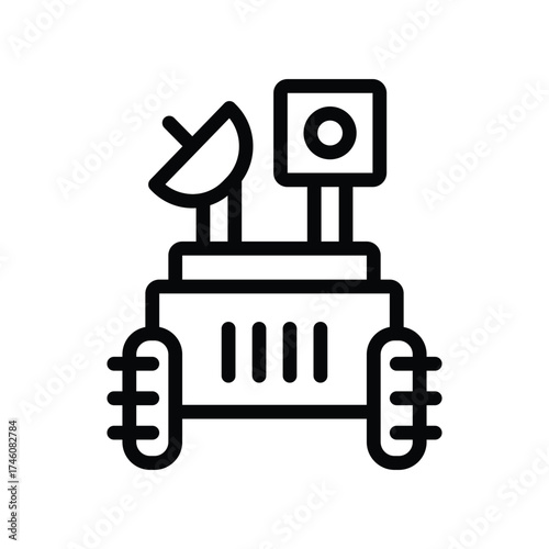 Icon of a rover with a dish antenna and a camera four wheels four vertical lines