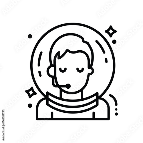Icon of a person in a spacesuit helmet with closed eyes and a headset Stars surround the helmet