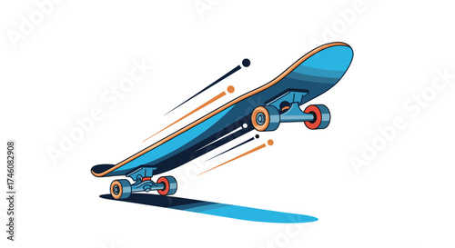 A dynamic illustration of a blue skateboard in motion against a white background.