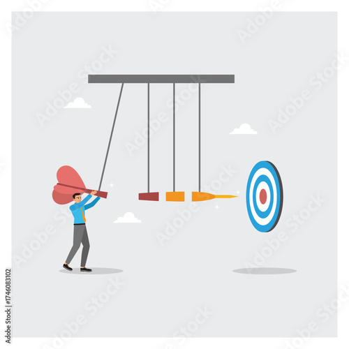 Businessman push Giant dart pendulum to reach target.