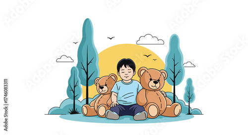 A young boy sitting peacefully between two large teddy bears in a park.