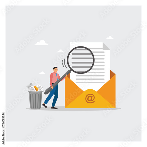 Businessman scan email for review with magnifying glass throw junk mail into bin.