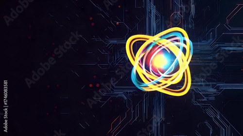 Abstract rendering of an atom with a circuit board background and scattered lights