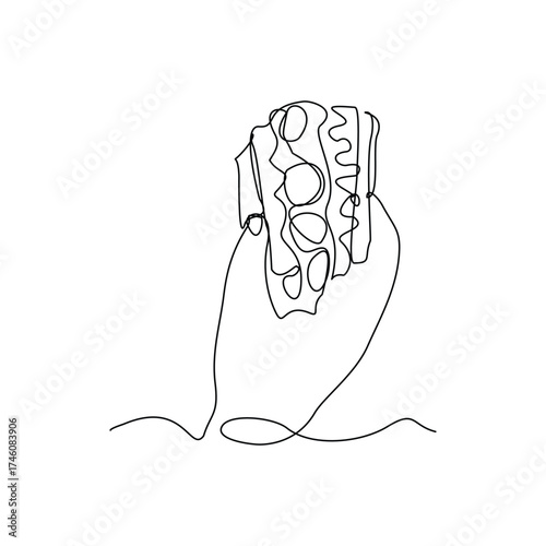 continuous line of people holding delicious sandwich fast food or junk food sketch drawing editable stroke concept for cafe, restaurant, and food shop. vector illustration