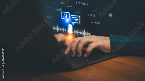 Modern AI language translation technology on laptop concept with virtual speech recognition and multilingual text interface, representing artificial intelligence and global communication innovation.