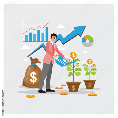 Businessman Watering Grow Money with Upward Financial Chart For Investment and Prosperity.