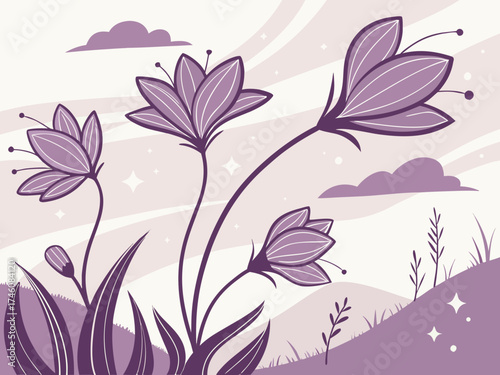 Purple Flowers and Nature's Embrace: Delicate purple flowers sway gently against a backdrop of soft hills and dreamy skies, a testament to nature's grace and artistic beauty.