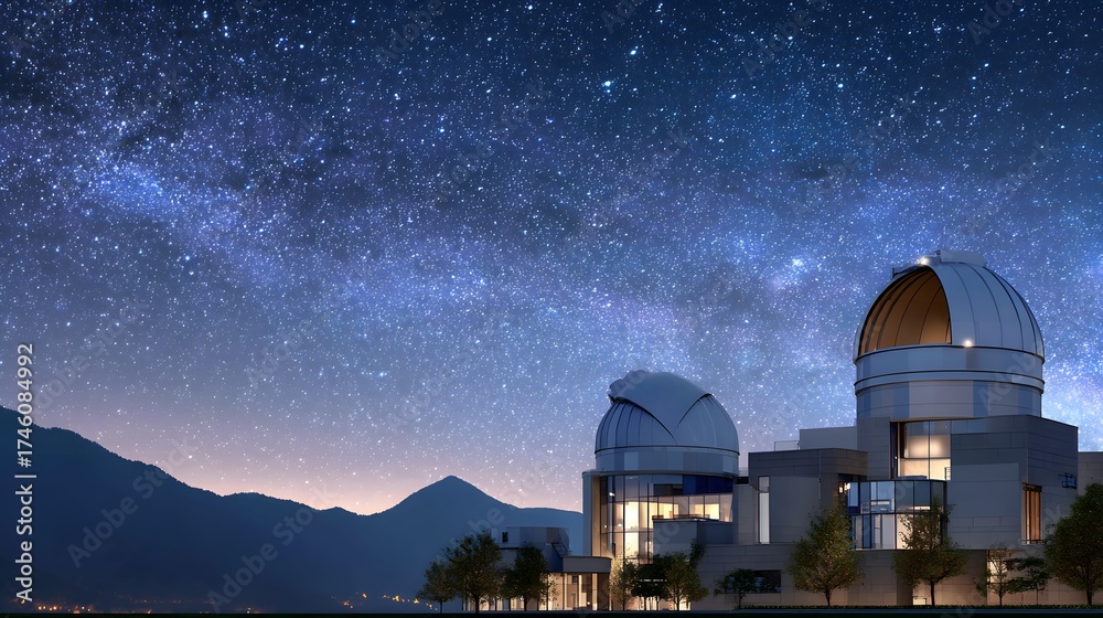 Obraz premium Observatory with Telescopes Under a Starry Night Sky and Milky Way in the Mountains