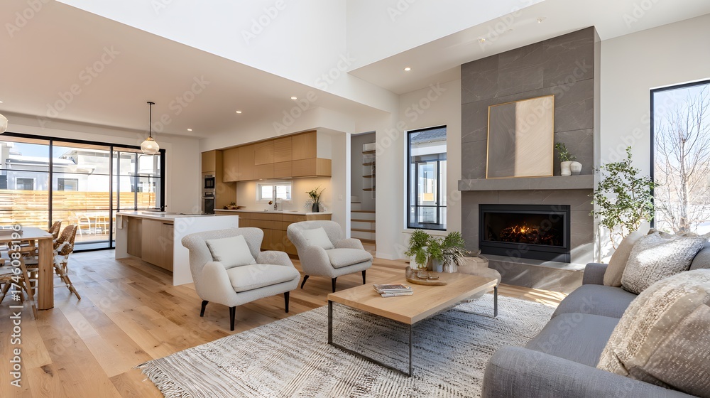 Fototapeta premium Bright And Modern Open Concept Living Space With Cozy Furnishings And A Fireplac