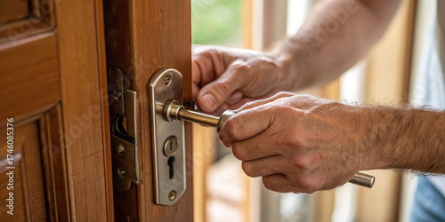 Man repairing door lock with screwdriver showing generation of home maintenance and rent property care