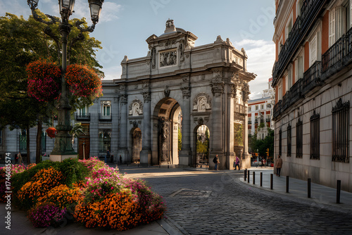 Majestic Puerta de Alcalá in Madrid with Vibrant Flowers and Inviting Pathways at Sunset