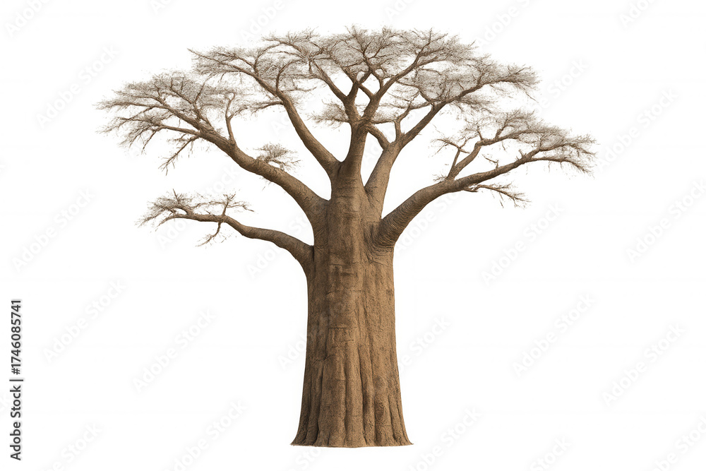 Obraz premium African baobab tree with thick trunk and sparse branches, isolated on a transparent background, representing nature and resilience