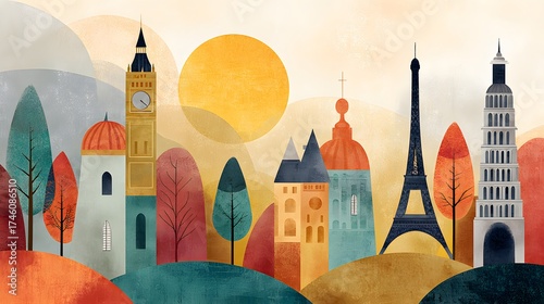 Colorful Illustration of Famous European Landmarks Surrounded by Trees and Sunset Glow