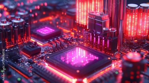 Futuristic Motherboard with Glowing Components - A High-Tech Visual.