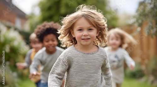 Joyful Children Running Together in a Lush Garden During a Sunny Day