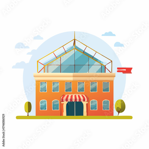 Cartoon Building with Glass Roof and Striped Awning Illustration.