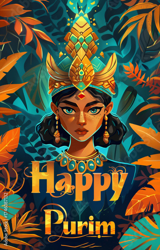  Vibrant purim card featuring happy purim message and colorful costume woman