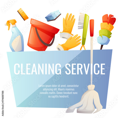 Cleaning services for apartments, residential buildings and commercial buildings. Mop, bucket, cleaning agent, spray, gloves. Set of designs of square postcard, horizontal banner and leaflet.