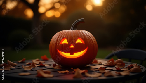Photograph of a carved pumpkin with a glowing jack-o'-lantern face, featuring triangular eyes and a wide, toothy grin. The pumpkin is centered on a round metal table with a dark, grid-patterned