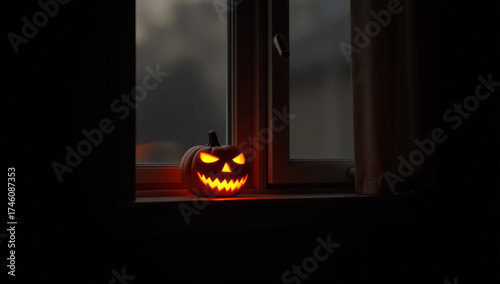 Photograph of a small, glowing jack-o'-lantern with a carved, triangular nose, triangular eyes, and a wide, jagged-toothed grin. The pumpkin is positioned on a windowsill, illuminated by an internal