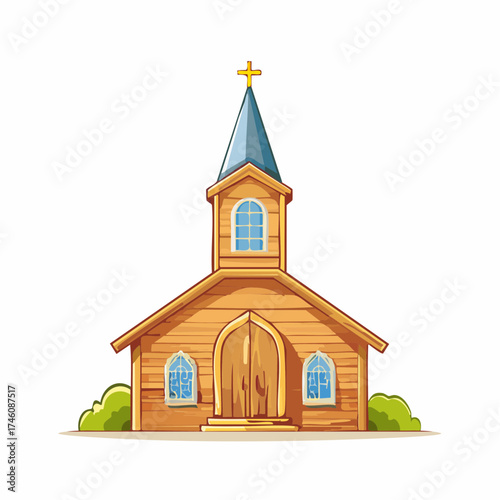 Cartoon Church Building with Wooden Texture Blue Roof and Cross Symbol.