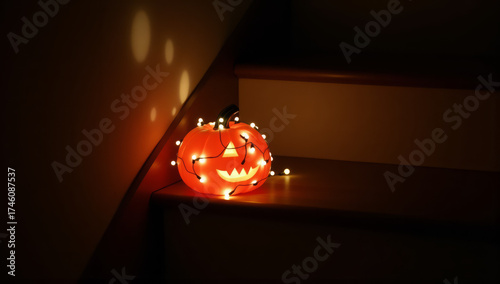 Photograph of a lit jack-o'-lantern decoration on a staircase. The pumpkin is orange with a carved triangular mouth showing sharp teeth, and small round eyes. It is adorned with small white fairy
