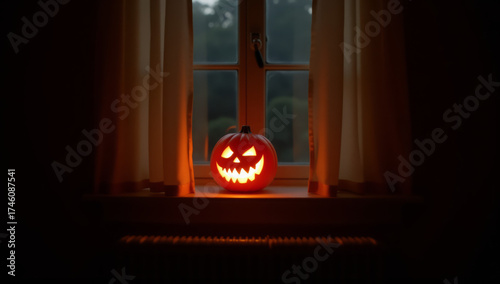 Photograph of a carved pumpkin with a glowing, triangular-eyed, toothy grin sitting on a windowsill. The pumpkin is illuminated from within, casting a warm orange light. The window behind the pumpkin