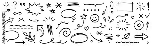 Hand line marker sketch icon set. Hand drawn marker brush stroke arrow, underline, highlight frame vector elements. Doodle sketch style arrow, smile, heart and star shapes. Vector illustration