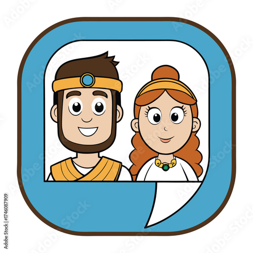 A cheerful Greek cartoon couple chats inside a bright social bubble, sharing laughs and emotions. The playful design reflects connection, love, and fun communication.
