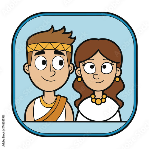 A cheerful Greek cartoon couple chats inside a bright social bubble, sharing laughs and emotions. The playful design reflects connection, love, and fun communication.
