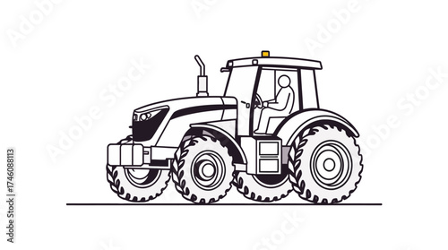 Black and white illustration of a tractor with a driver, featuring large tires and exhaust pipe.