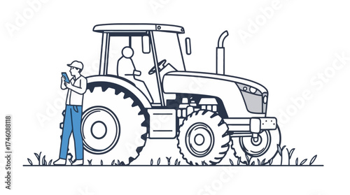 A farmer examining a tablet next to a tractor, with someone in the driver's seat.