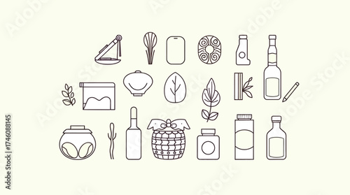 Outlined illustrations of various food-related items, arranged on a light background.