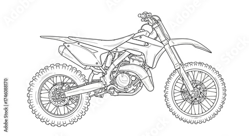 Line drawing of a motocross bike, side view, showcasing its design and features.