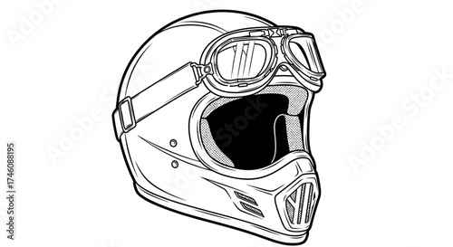 Black and white line drawing of a motorcycle helmet with goggles.