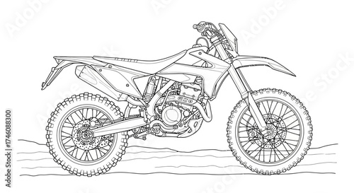 A detailed line drawing of a modern, off-road motorcycle, side view.