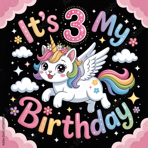 Whimsical cat unicorn with rainbow tail and wings flying amidst stars and clouds for third birthday celebration