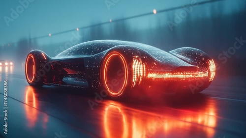 Futuristic Neon Car Driving on Wet Road at Night.