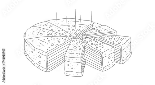 An illustration of a palm tree plantation, with many trees in rows and coconuts scattered on the ground.