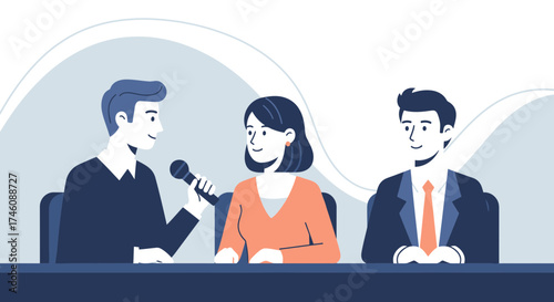 Illustration of a panel discussion or interview with three people on stage