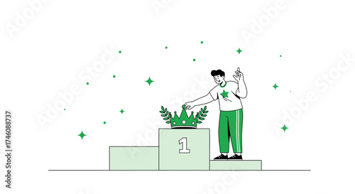 Illustration of a person achieving first place and claiming a crown for success or victory