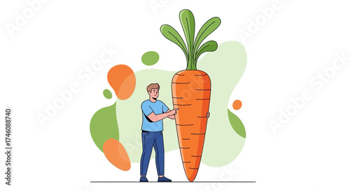 Illustration of a person admiring and touching a large healthy carrot against white background