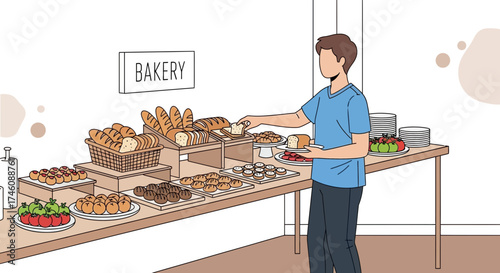 Illustration of a person choosing bread at a bakery with various baked goods on display