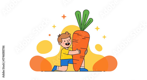 Illustration of a smiling child hugging a giant carrot on a white background
