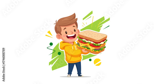 Illustration of a smiling boy holding a large delicious sandwich, food concept