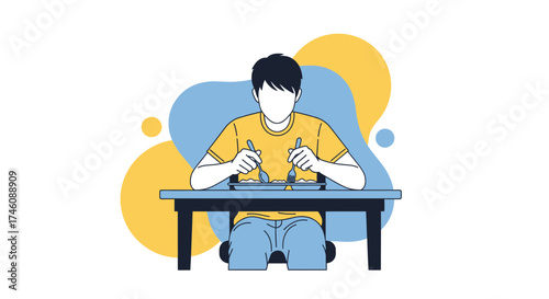 Illustration of a Person Eating Food at a Table, Vector Style, Abstract Background