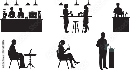 Coffee shop silhouette, barista station, casual conversation, laptop work, self-service, relaxing moment, café lifestyle, drink preparation, social interaction, modern routine, hospitality concept