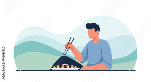 Illustration of a person eating sushi with chopsticks enjoying japanese cuisine and food