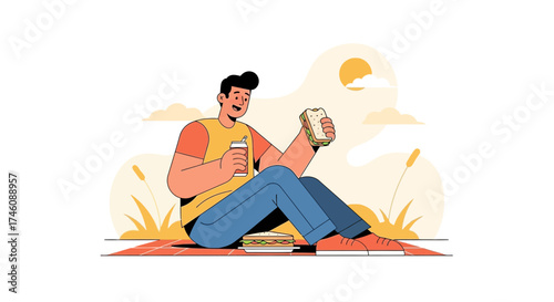 Illustration of a person enjoying a picnic with a sandwich and a drink on a sunny day